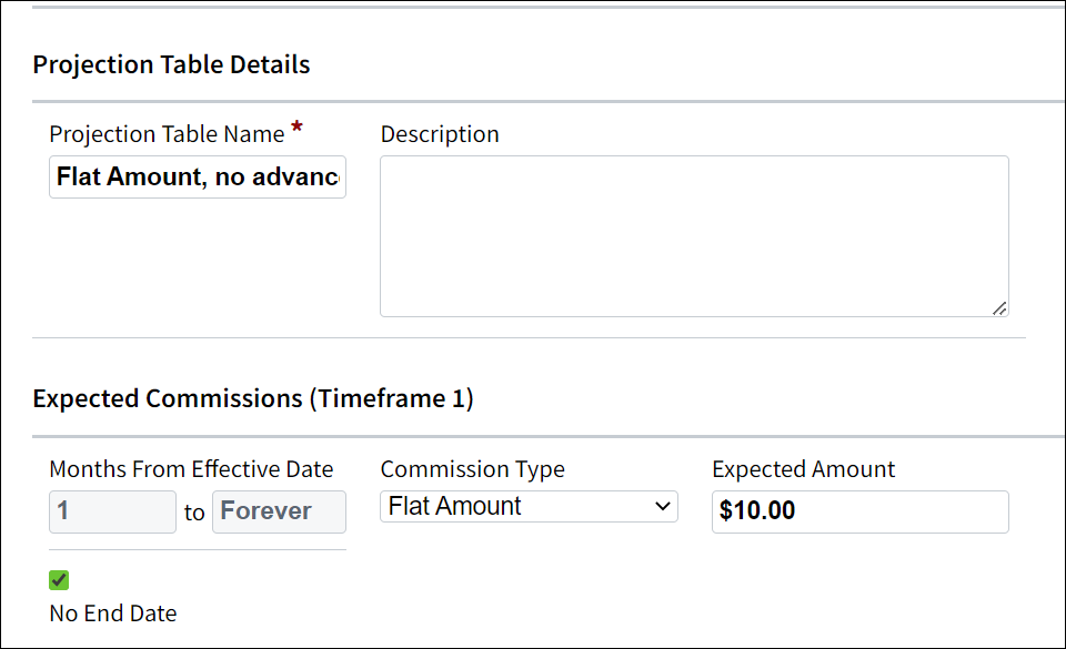Screenshot showing an example of a Projection Table for the scenario flat amount, no advances, as earned