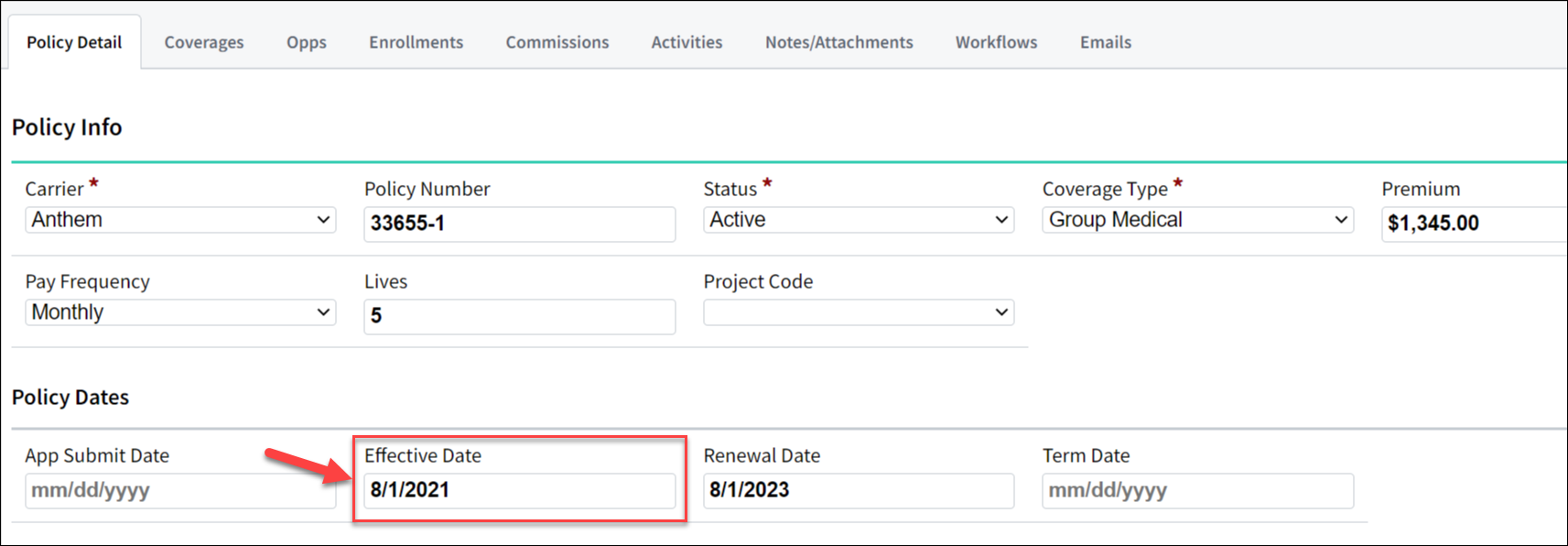 Screenshot showing the Effective Date field on the Policy Detail tab