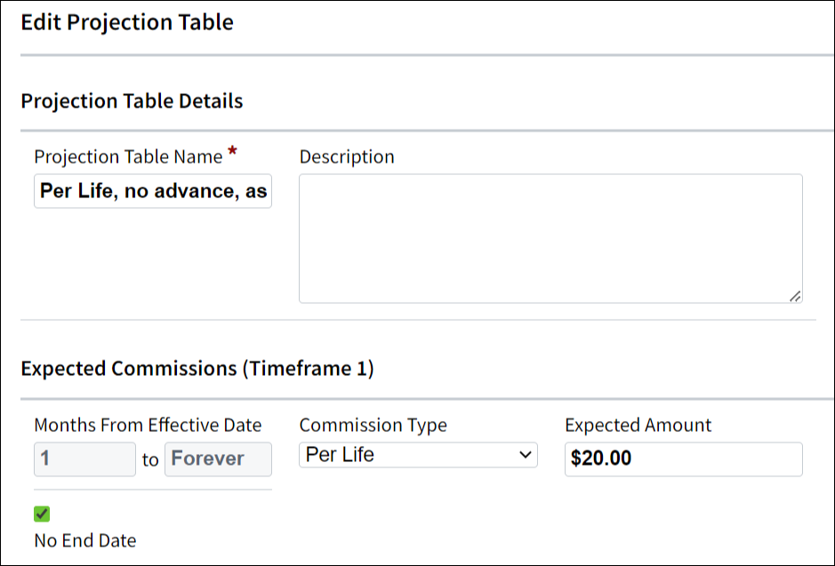 Screenshot showing an example of a Projection Table for the scenario per life, no advances, as earned
