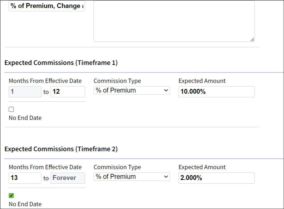 Screenshot showing an example of a Projection Table for the scenario percent of premium, 1st year rate, then change to renewal rates, no advances, as earned