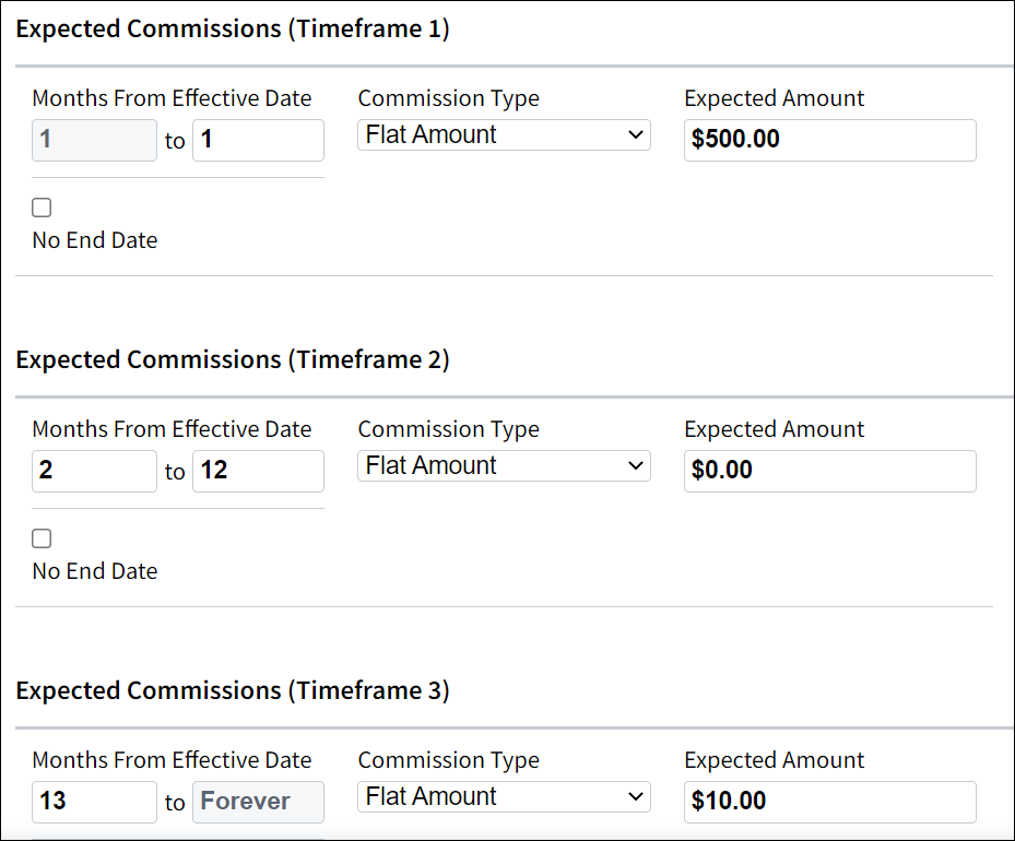 Screenshot showing an example of a Projection Table for flat rate 1st year advance, then as earned, true 1-year, no prorating