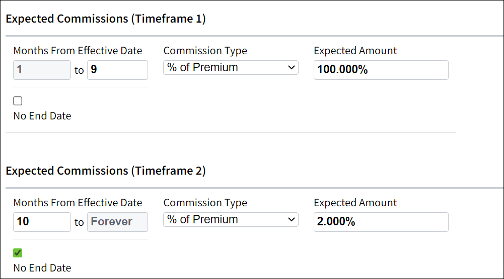 Screenshot showing an example of a Projection Table for percent of premium with advance, then as earned, true advance, no prorating