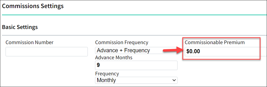 Screenshot showing the Commissionable Premium field on the Policy Commission Settings tab