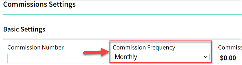 Screenshot showing the Commission Frequency field on the Policy Commission Settings tab
