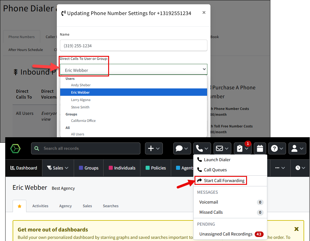Image showing the connection between Phone Dialer settings and the call forwarding feature