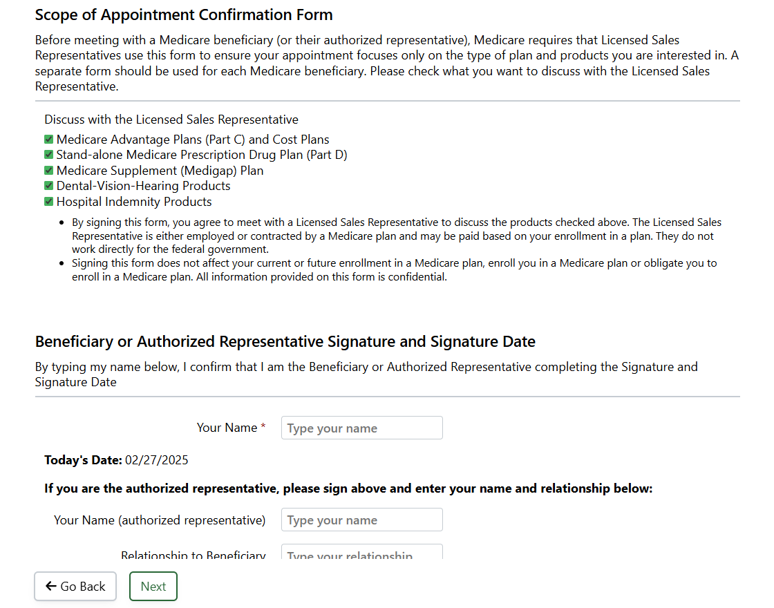 Screenshot showing the Scope of Appointment portion of the Disclosures section in an Rx Collect form