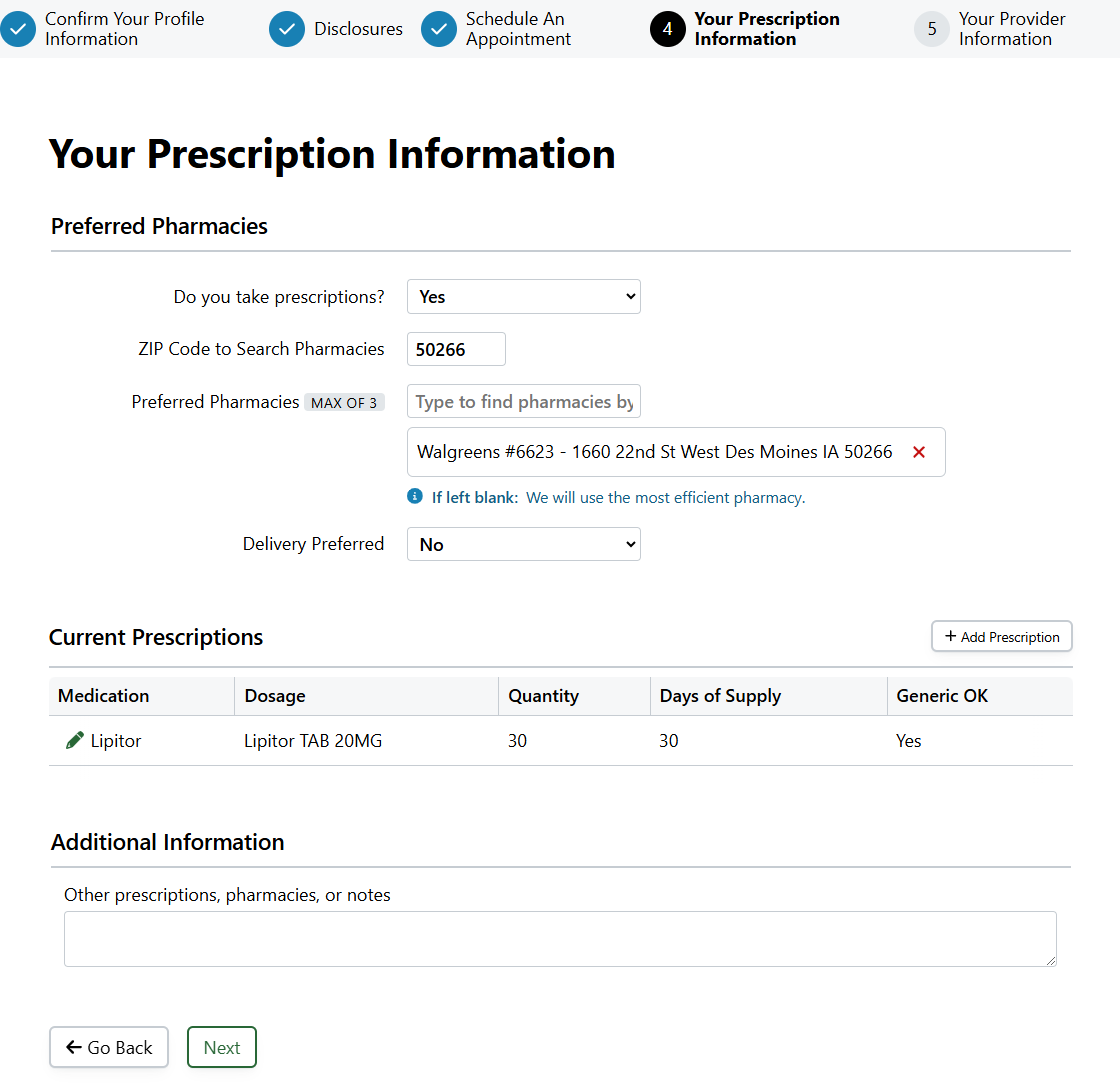 Screenshot showing the Prescription Information section in an Rx Collect form