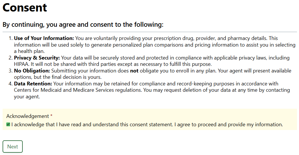 Screenshot showing the Consent Page in an Rx Collect form