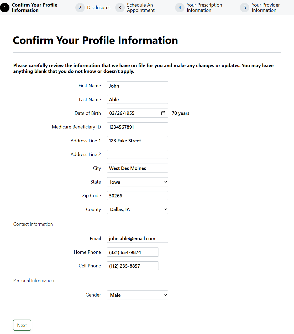Screenshot showing the Profile Information section in an Rx Collect form