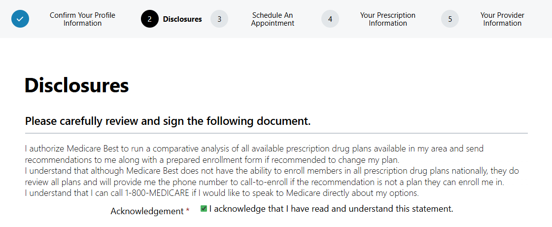 Screenshot showoing the first half of the Disclosures section in an Rx Collect form