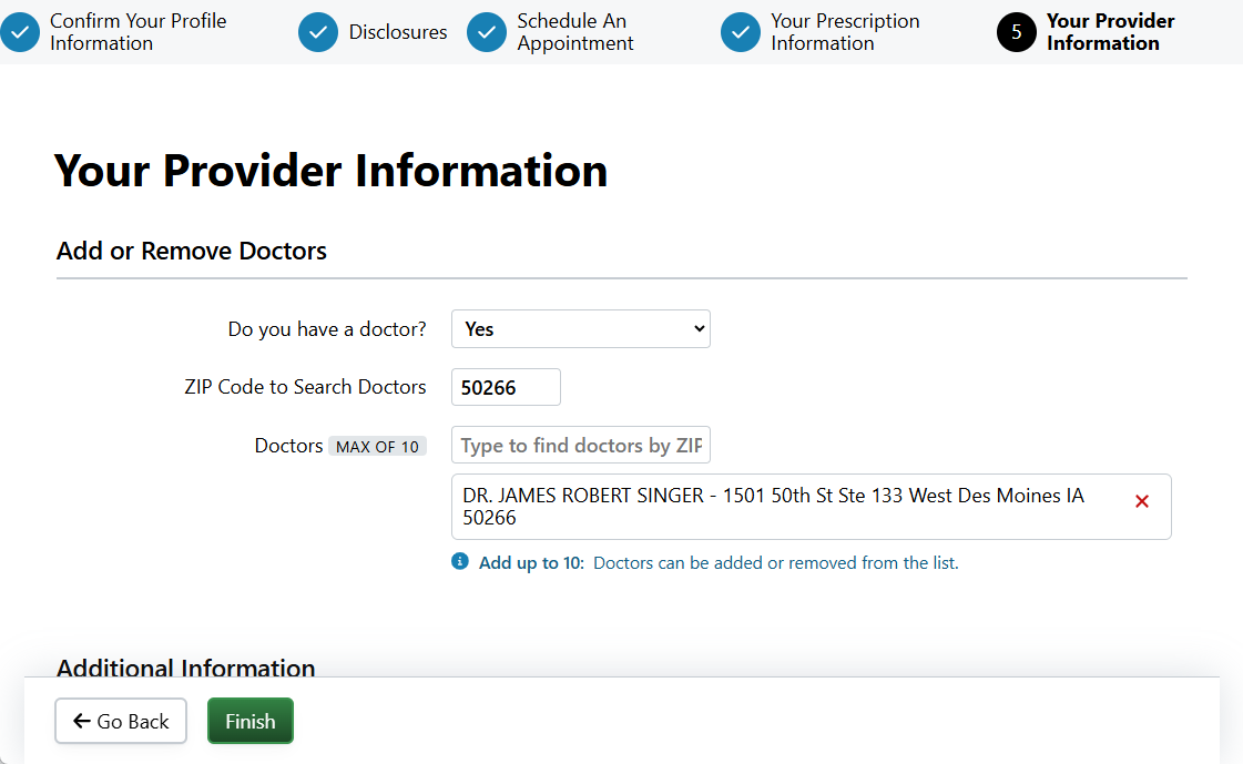 Screenshot showing the Provider Information section in an Rx Collect form
