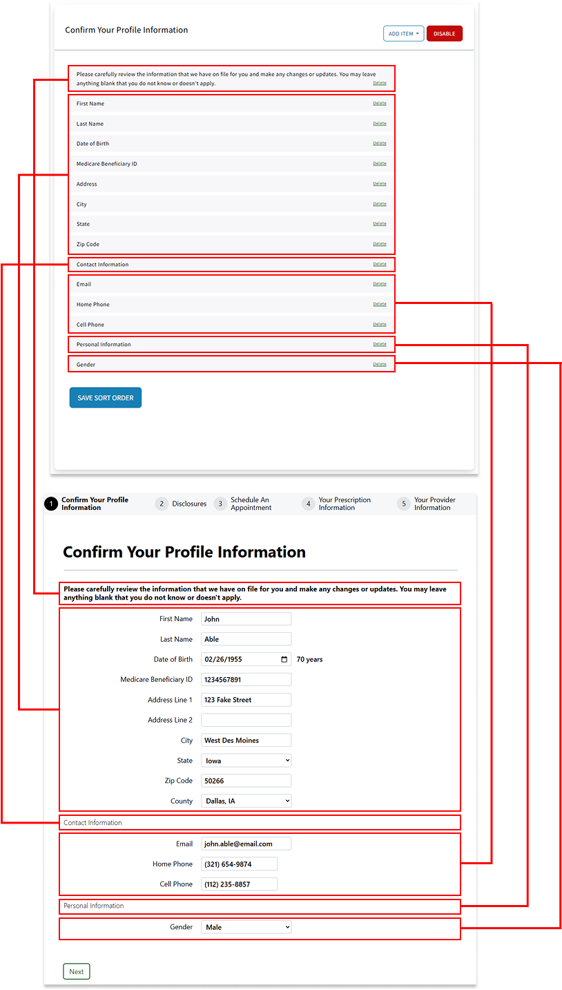 Image showing how the input fields in Rx Collect settings map to the Rx Collect form
