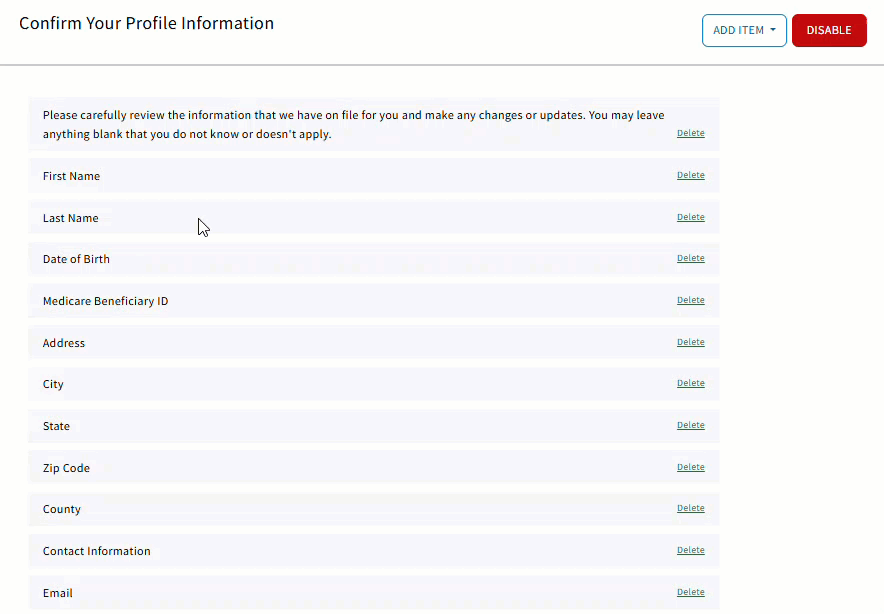 Animated image showing how to reorder input fields for the Profile Information section in Rx Collect settings