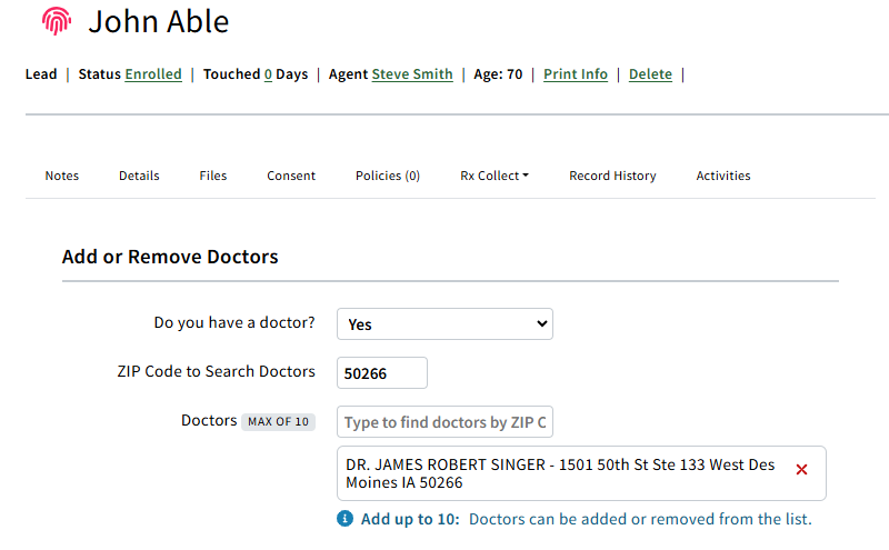 Screenshot showing the Providers tab on a Sales Record