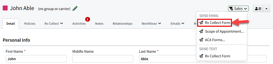 Screenshot showing how to send an Rx Collect form from an Individual Record