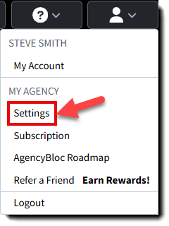 Screenshot showing how to nagivate to agency settings