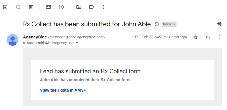 Screenshot showing the email notification that the agent receives after a beneficiary completes and submits an Rx Collect form