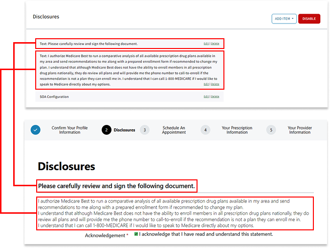 Image showing Rx Collect settings mapping to the first half of the Disclosures section in an Rx Collect form