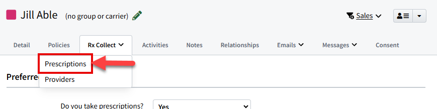 Screenshot showing how to navigate to the Prescriptions tab on an Individual Record