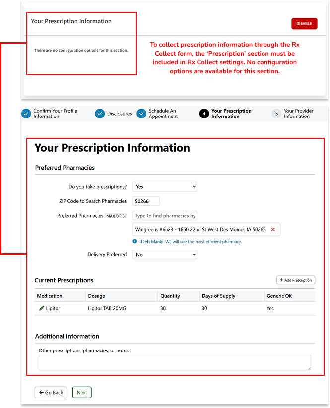 Image showing Rx Collect settings mapping to the Prescription Information section in an Rx Collect form