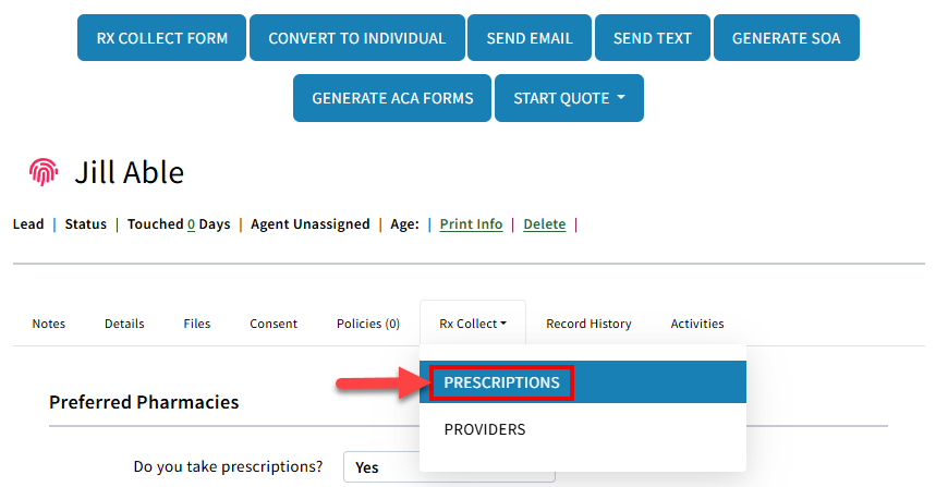 Screenshot showing how to navigate to the Prescriptions tab on a Sales Record