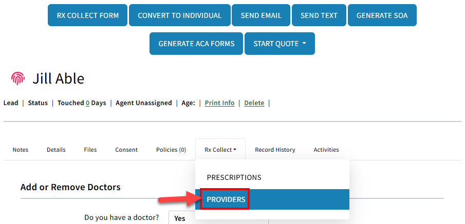 Screenshot showing the Providers tab on a Sales Record