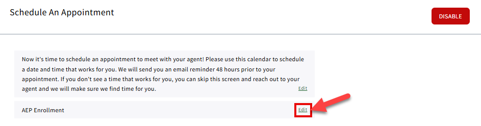 Screenshot showing how to edit the Appointment Scheduler in Rx Collect settings