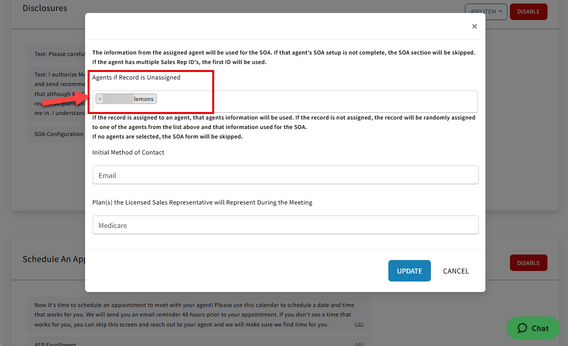 Screenshot highlighting the Agents if Record is Unassigned field in the SOA configuration modal