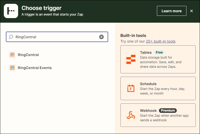 Screenshot showing the RingCentral app in Zapier's app finder