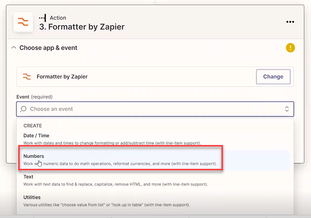 Screenshot showing to set the event to numbers