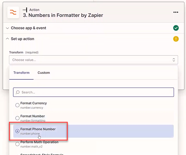 Screenshot showing the option to transform and format phone numbers