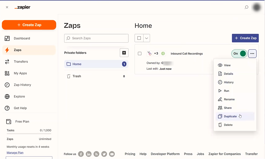 Screenshot showing where to create a duplicate of the inbound calls Zap for RingCentral