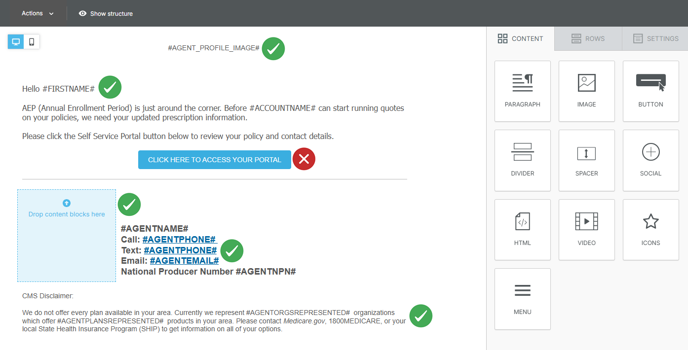Screenshot emphasizing the editable content in the Rx Collect email template
