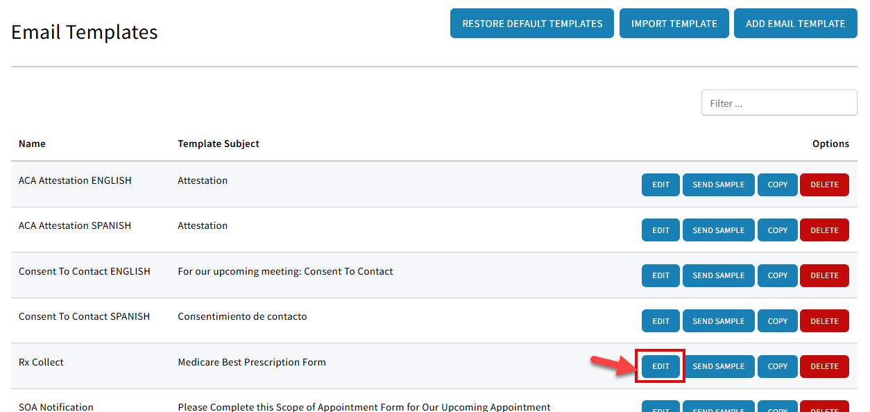 Screenshot showing how to edit the Rx Collect email template