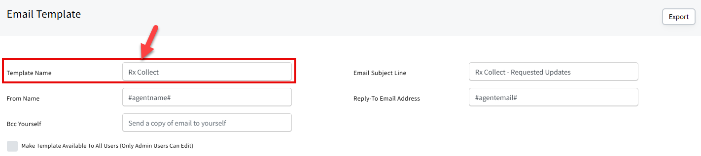 Screenshot highlighting the Template Name