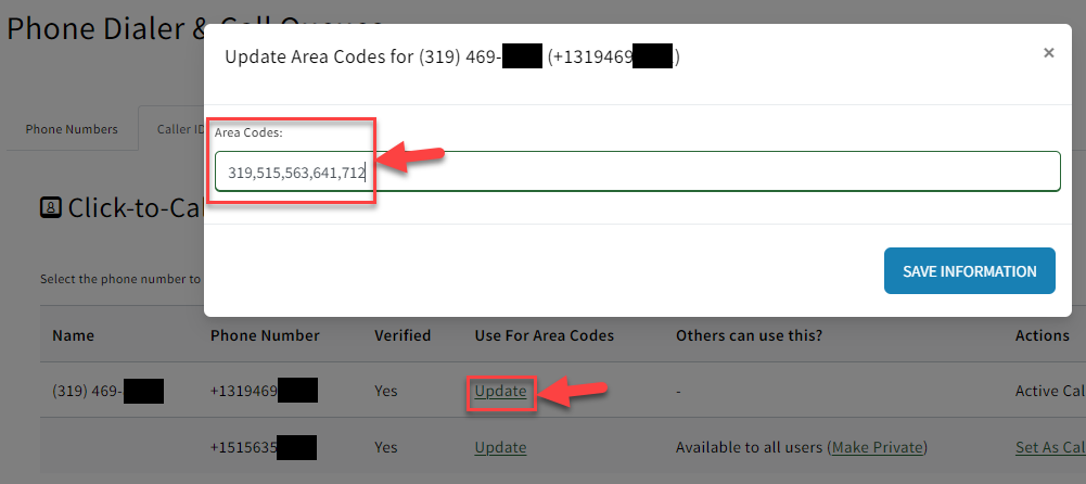 Screenshot showing different area codes for each phone number in My Agency Settings
