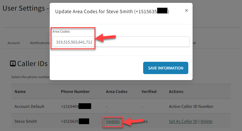 Screenshot showing different area codes for different numbers in My Account Settings