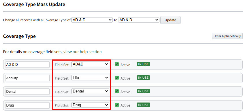 Screenshot showing the Coverage Type field options