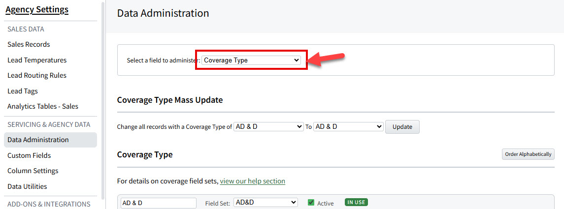 Screenshot highlighting the Coverage Type field to administer