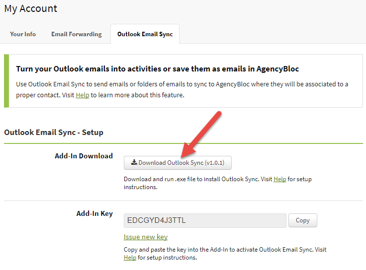 Screenshot showing where to download the Outlook Email Sync Add-In