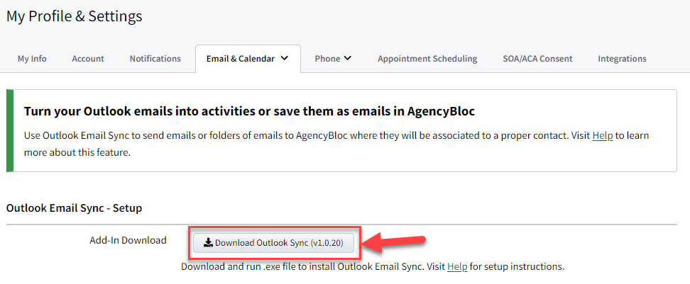 Screenshot showing where to download the Outlook Email Sync Add-In