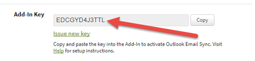 Screenshot showing the Outlook Email Sync Add-In Key