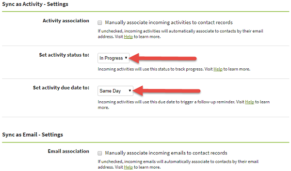 Screenshot Showing Outlook Email Sync activity settings