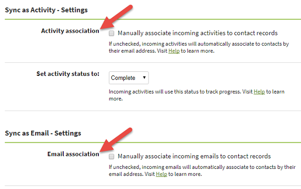 Screenshot showing the Outlook Email Sync settings in AgencyBloc for manually associating incoming emails