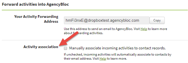 Screenshot showing the Activity association option on the Email Forwarding tab
