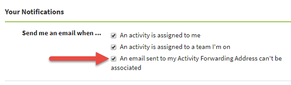 Screenshot showing the option to enable or disable notification when an email sent to your Activity Forwarding Address can't be associated