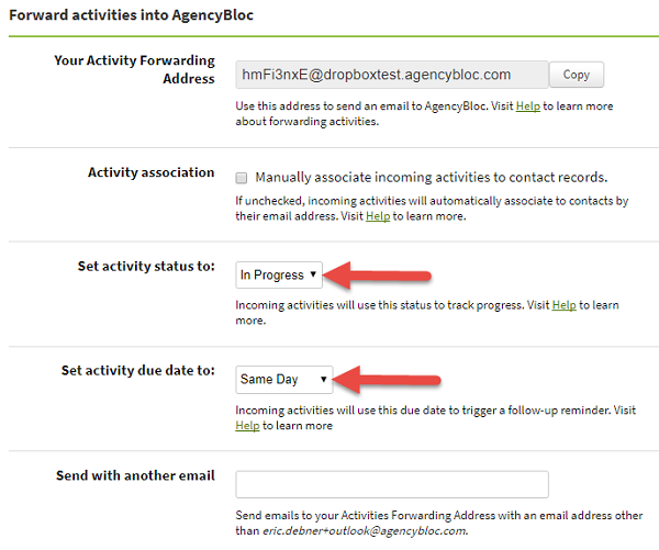 Screenshot showing the options to set default status and due date for activities forwarded into AgencyBloc