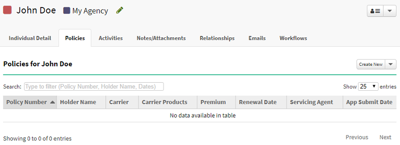 Screenshot showing the columns on an Individual's Policies tab