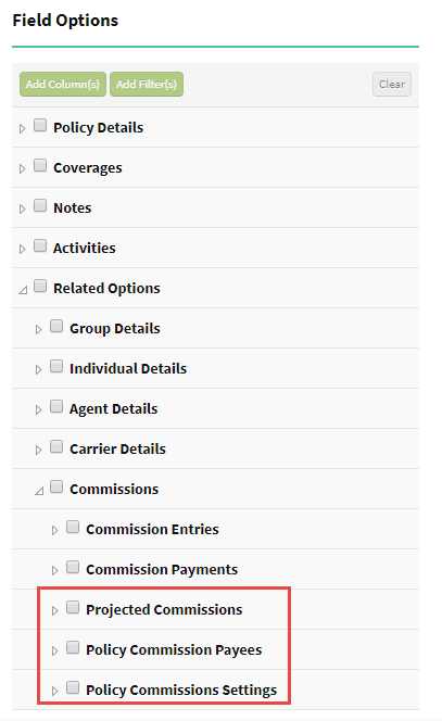 Screenshot showing related commission report groupings
