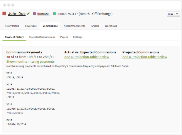 Screenshot showing the Payment History tab on an Individual Policy before the update